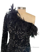 Mermaid / Trumpet Sparkle Sexy Wedding Guest Formal Evening Dress One Shoulder Long Sleeve Court Train Sequined With Feather Sequin Slit